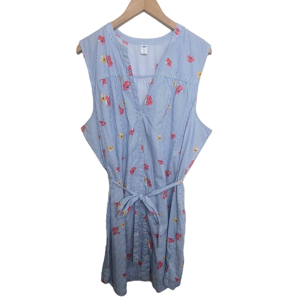 Old Navy Womens Blue Cotton Striped Floral Shirt Dress XXL Sleeveless Cottage